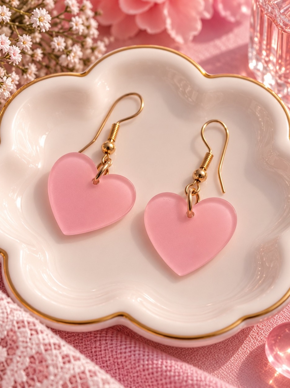 Pink Heart Drop Earrings - Gold Tone Hooks New